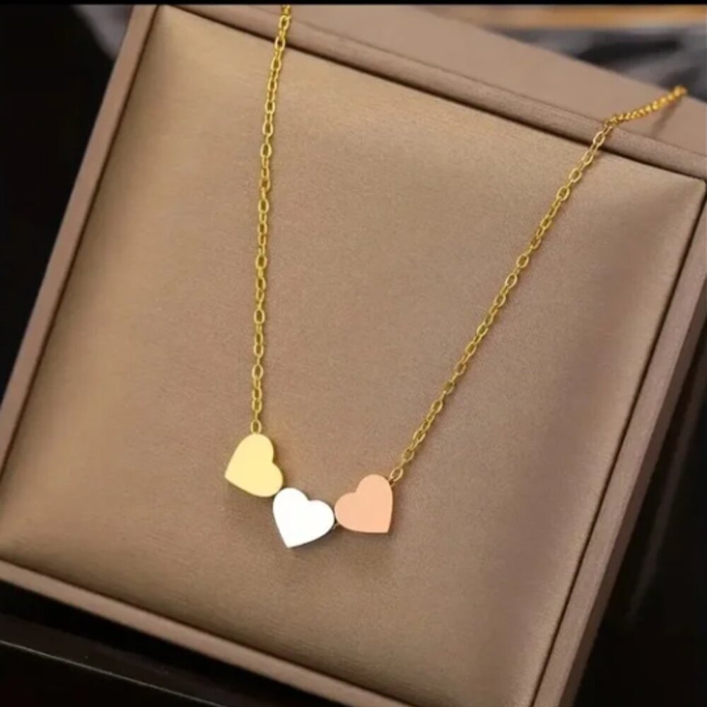 Tri Colored Silver, rose gold, gold Dainty Heart Necklace